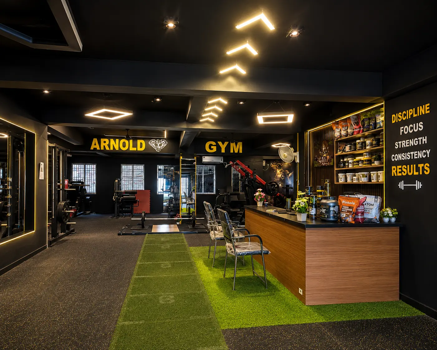 Reception counter with supplements shelf at Arnold Gym